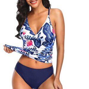 Holipick Tankini Set Blue Floral Tummy Control Swimwear Size XXL